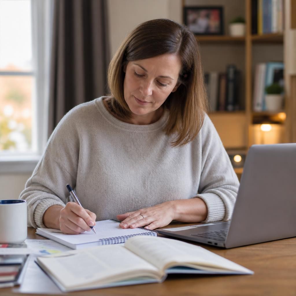 Foster carer completing written training coursework at a desk