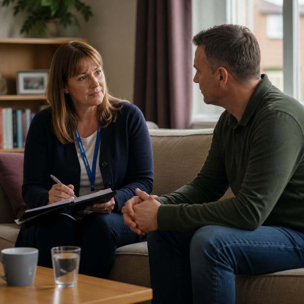 Foster carer speaking with a social worker during an assessment meeting