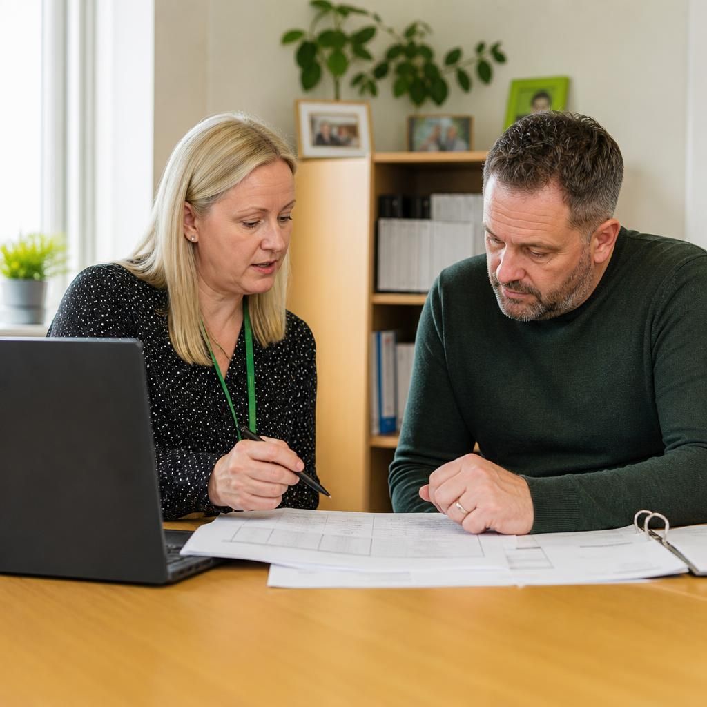 Foster carer and agency worker reviewing placement records at a desk