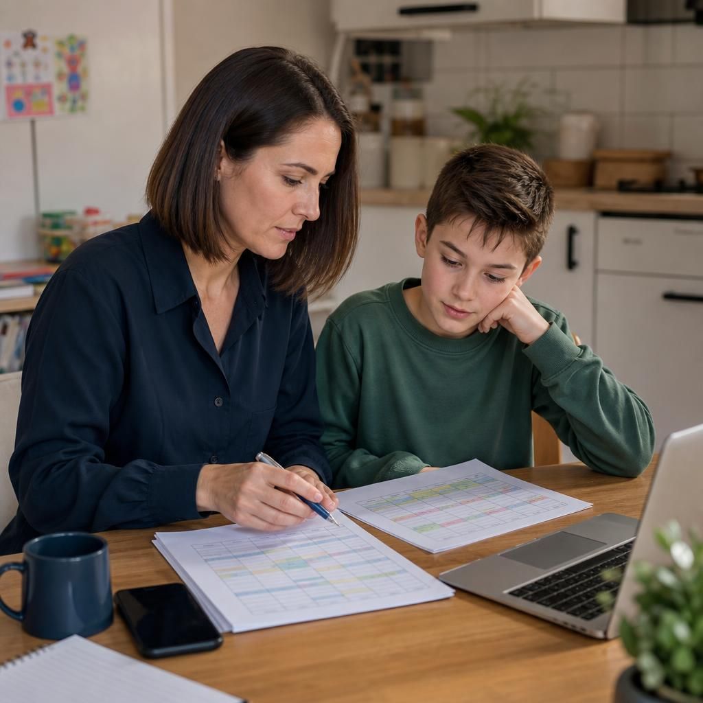 Foster carer reviewing a work schedule alongside a child’s school timetable