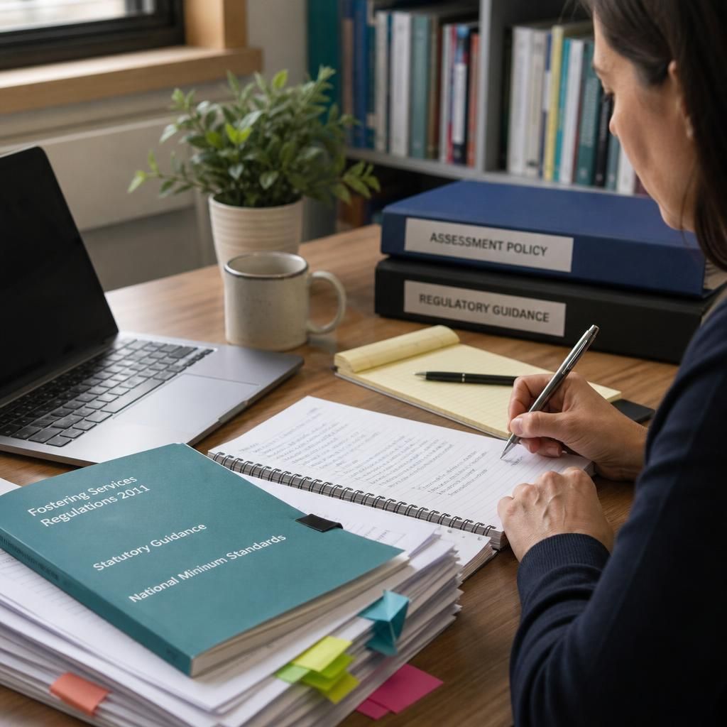Fostering assessment documents, notes and regulatory guidance on a desk