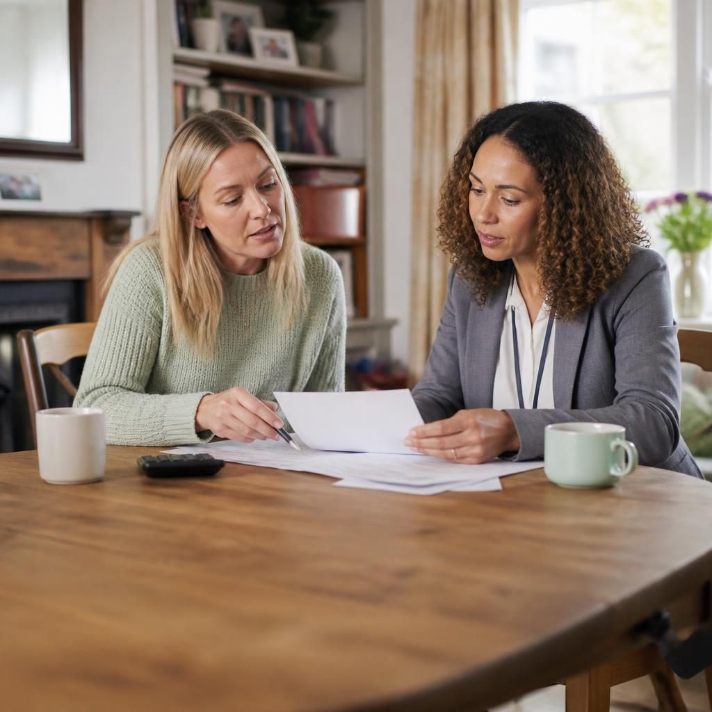 Foster carer discussing household finances with a fostering adviser