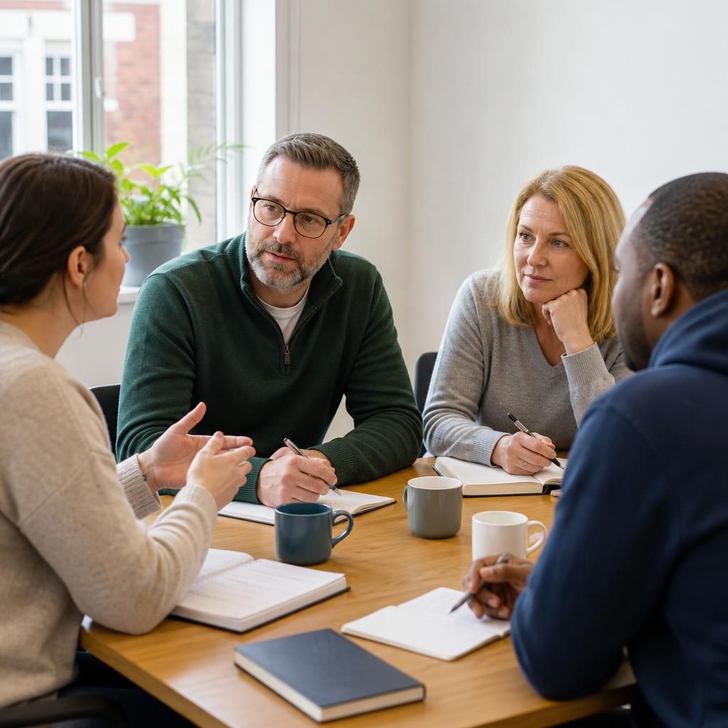 Foster carers taking part in a training discussion around a table