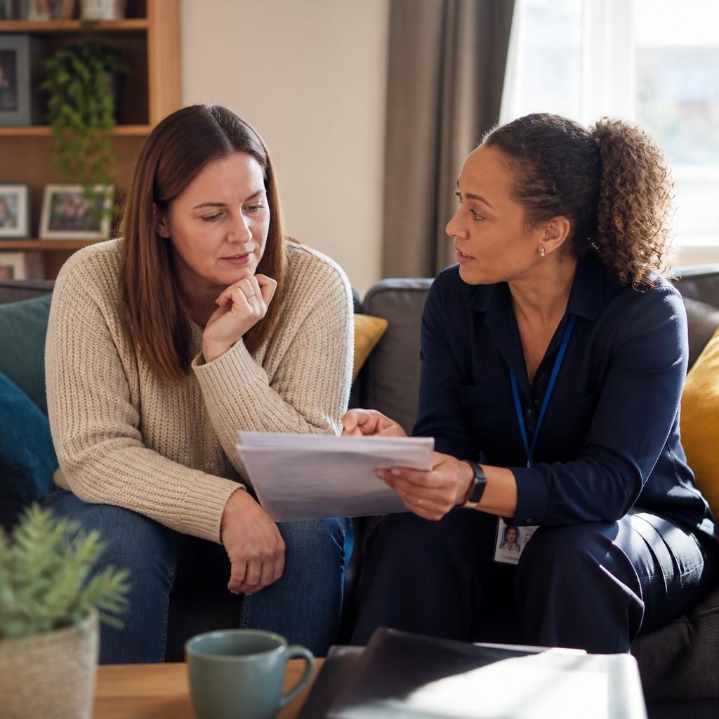 Tenant reviewing fostering consent paperwork with a social worker at home