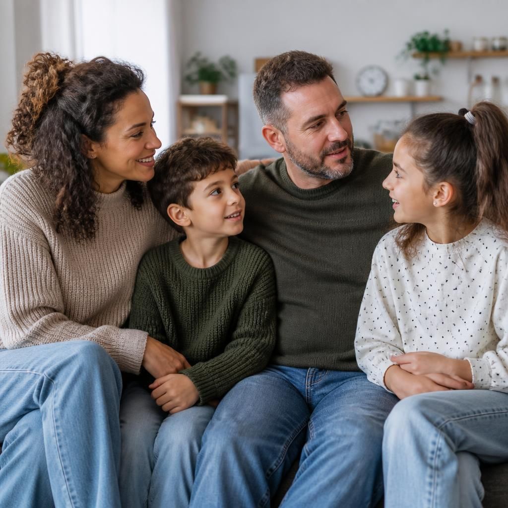 Parents and children sitting together in their home