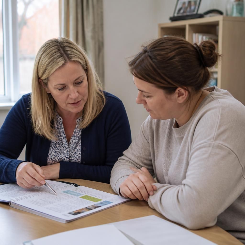 Foster carer discussing training materials with a supervising social worker