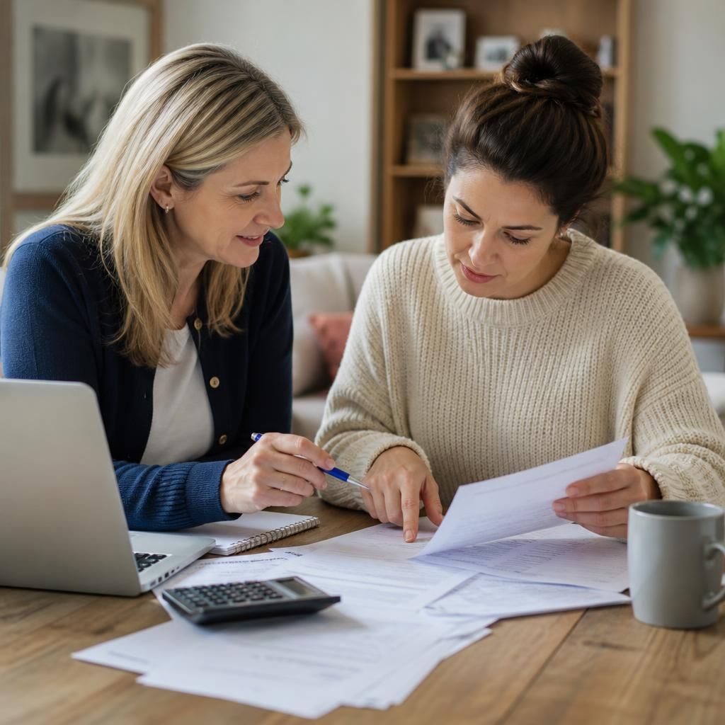 Foster carer completing financial paperwork with guidance from a fostering professional
