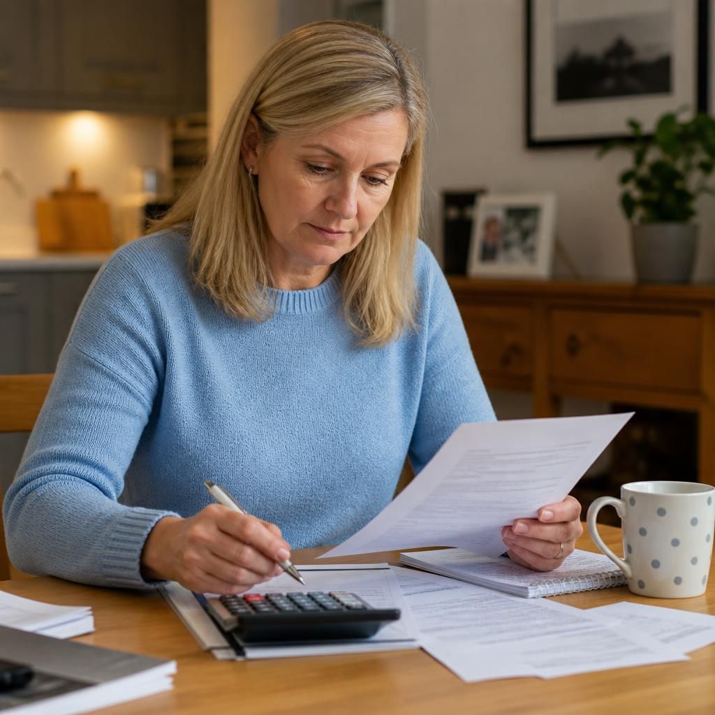 Foster carer reviewing a household budget and placement paperwork at a table