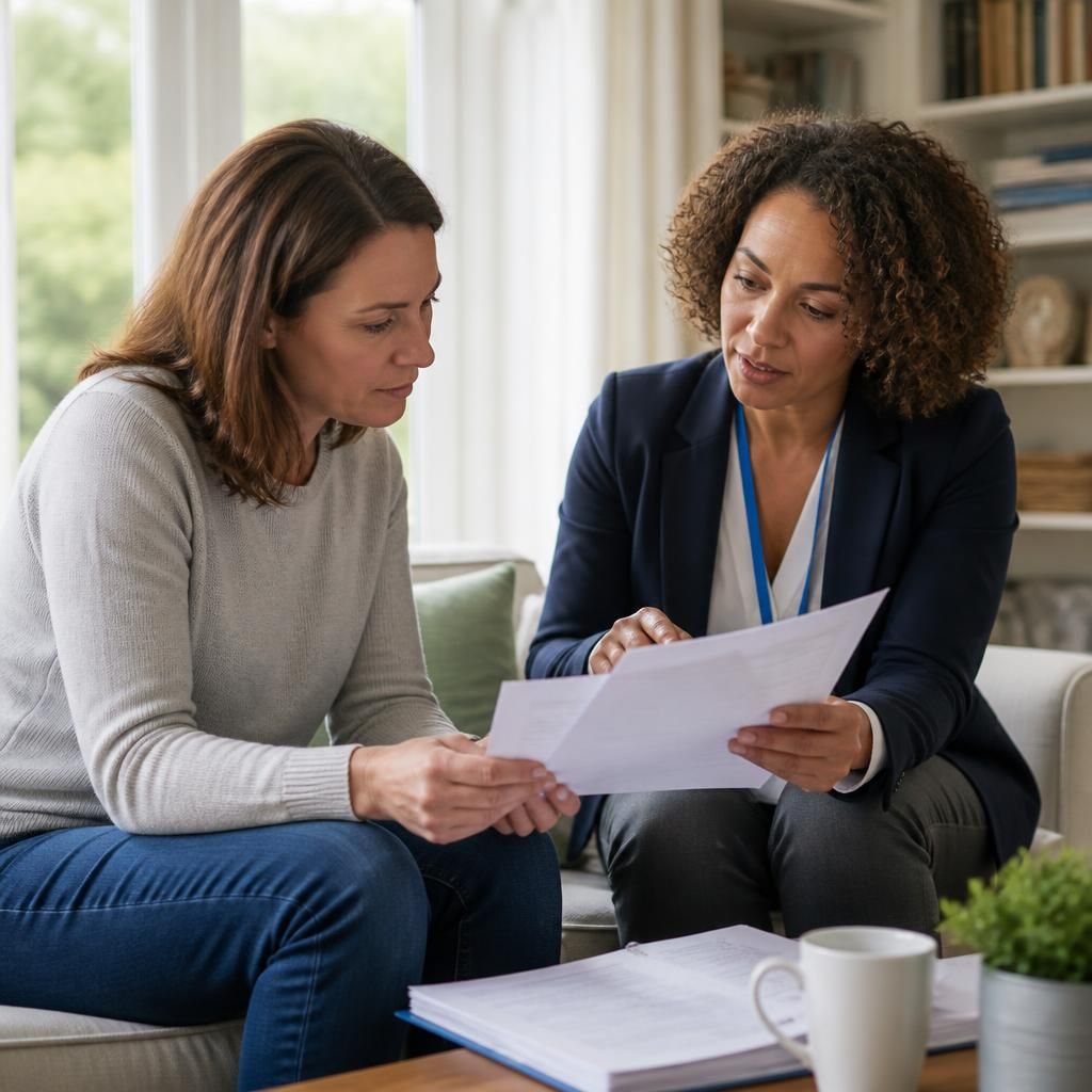 Foster carer discussing assessment documents with a social worker