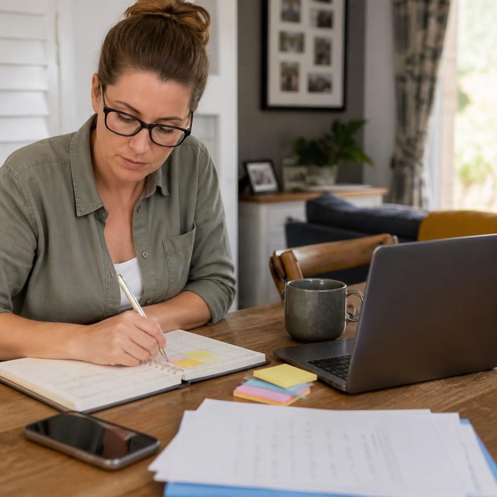 Foster carer planning a weekly schedule beside a laptop and school calendar