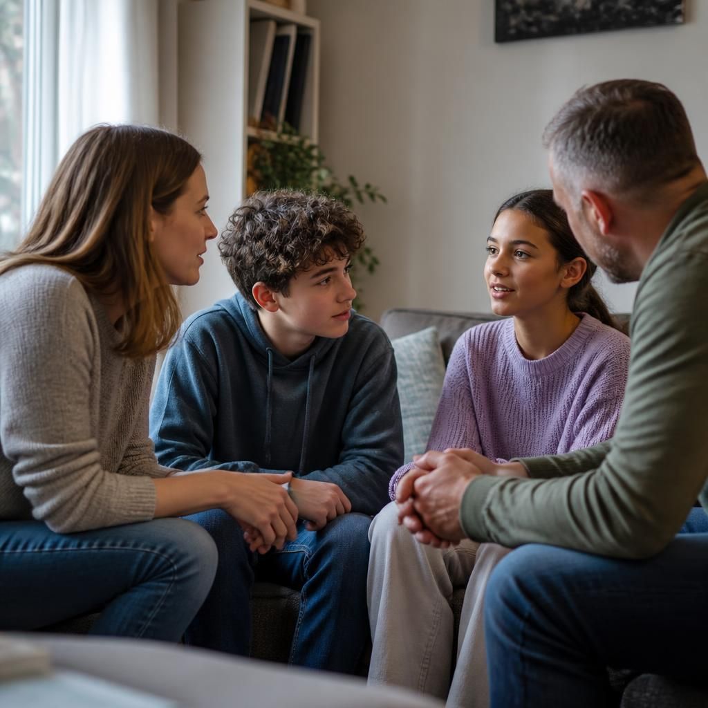 Children and adults having a calm conversation at home
