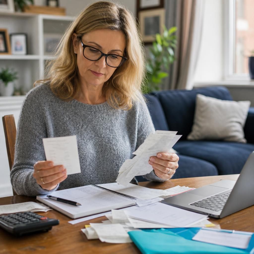 Foster carer reviewing receipts and fostering payment records at a table