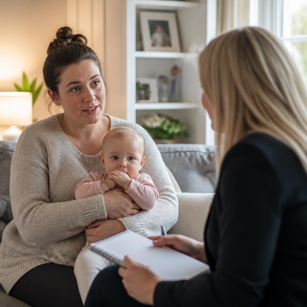 Foster carer holding a baby while speaking with a social worker