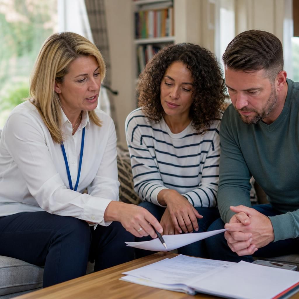 Foster care specialist discussing paperwork with prospective carers