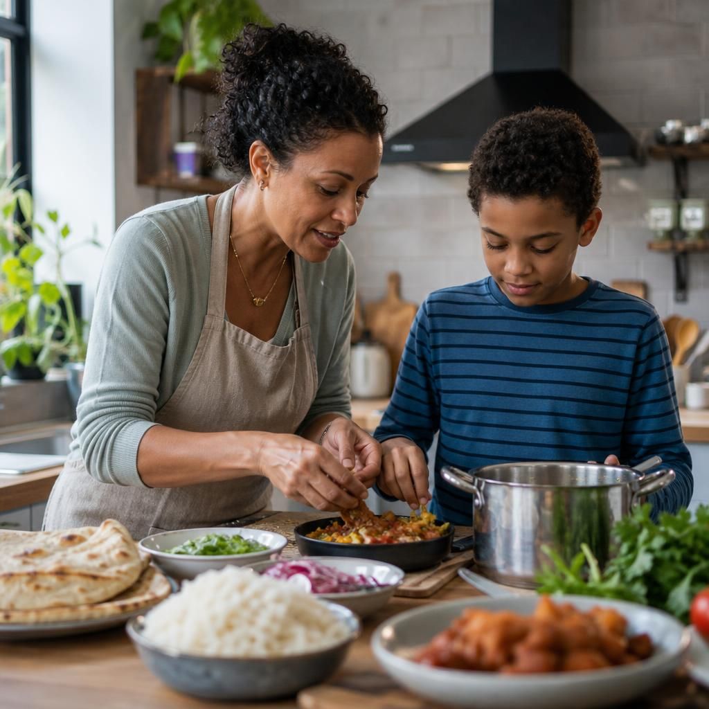 Single foster parent and child preparing a traditional family meal together