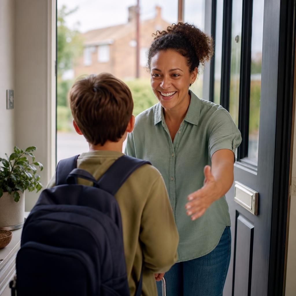 Foster carer welcoming a child into a family home for a short stay
