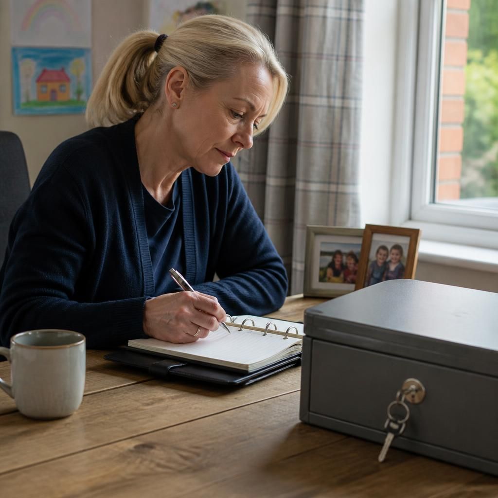 Foster carer writing notes in a secure record book at home