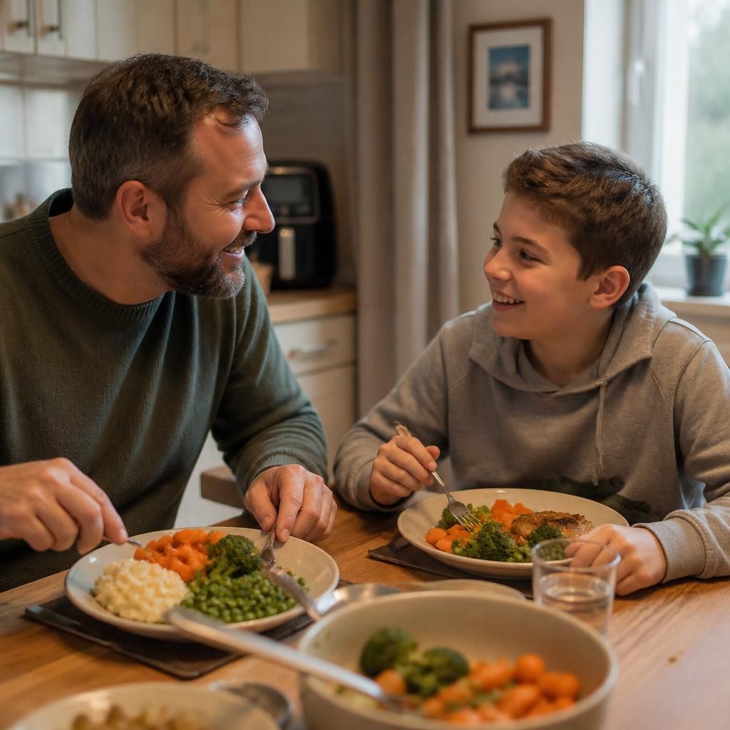 Foster carer and child sharing a calm meal at home