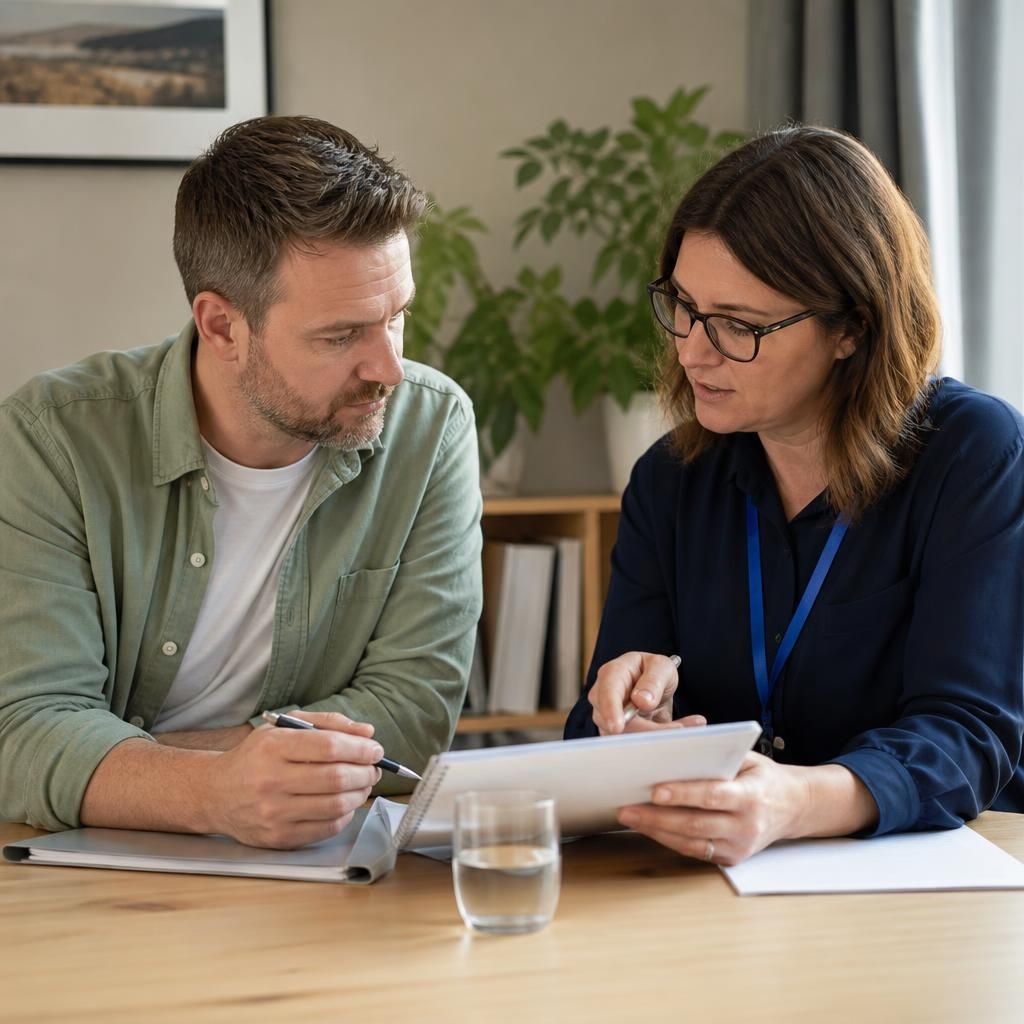 Foster applicant and independent assessor reviewing notes from an assessment meeting