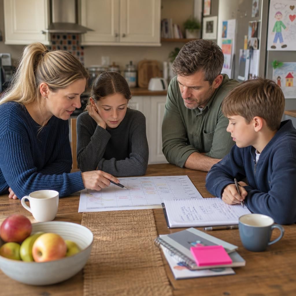 Family planning a routine together around a kitchen table