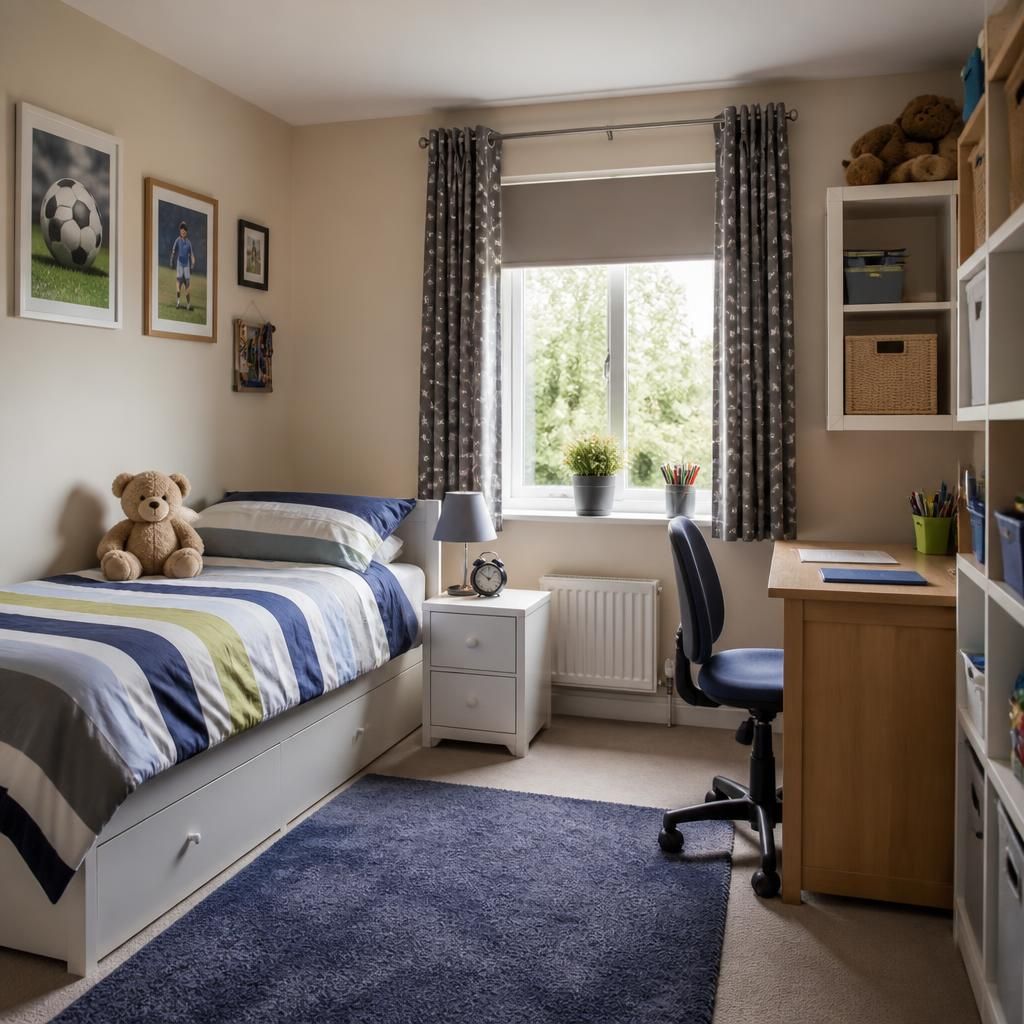 Child's bedroom with a bed, desk and storage shelves