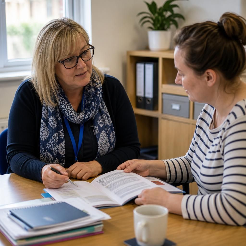 Foster carer and trainer discussing preparation course materials at a table
