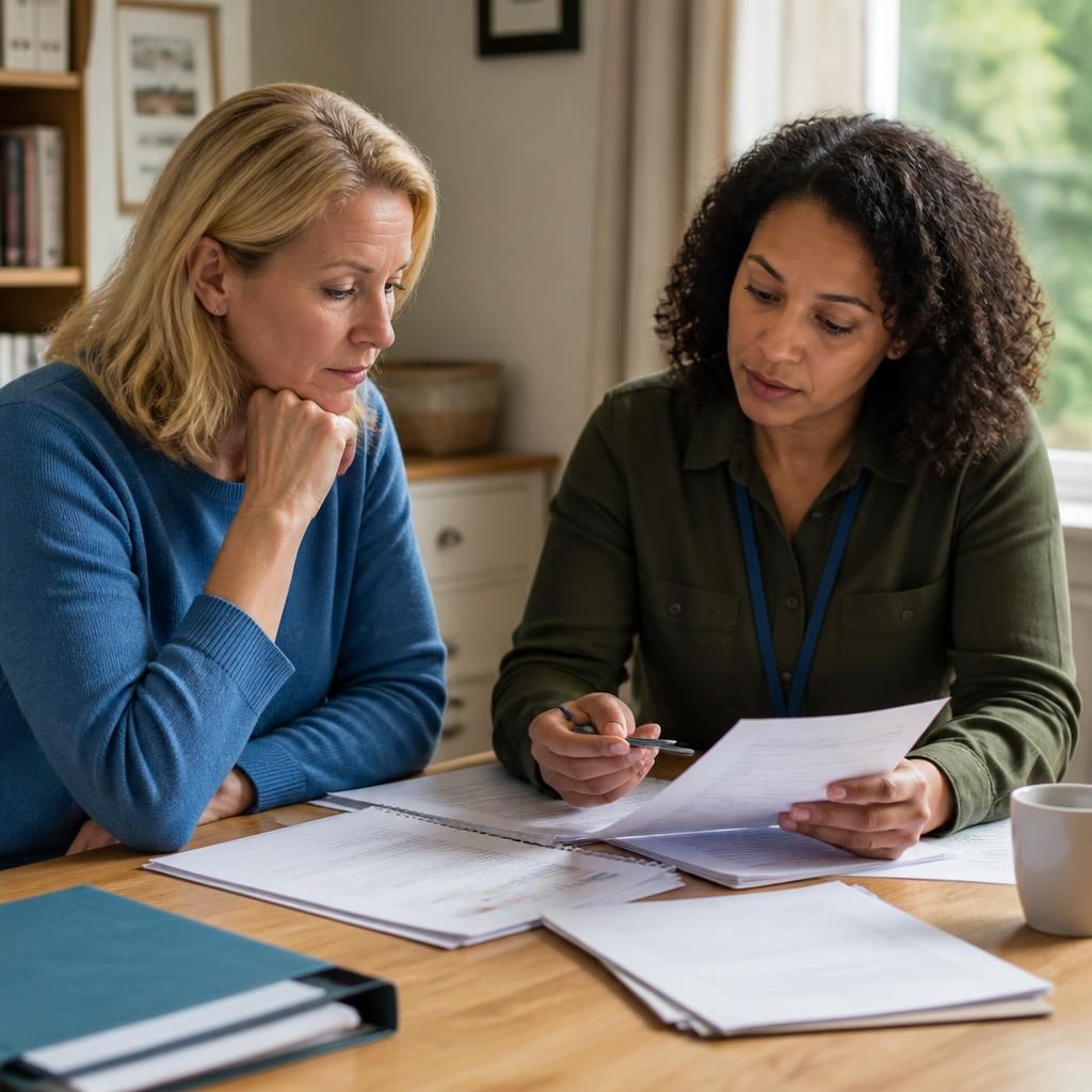 Foster carer and social worker reviewing placement documents at a table