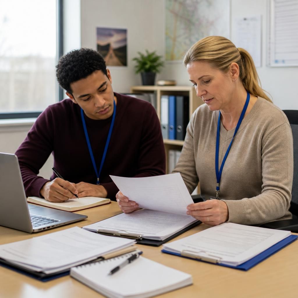 Residential care staff reviewing safeguarding records at a desk