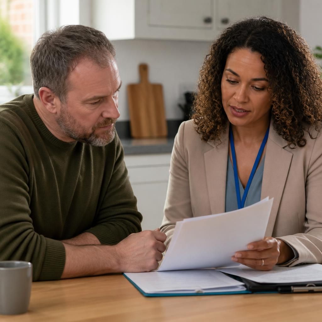 Foster carer and social worker reviewing confidential paperwork at a table
