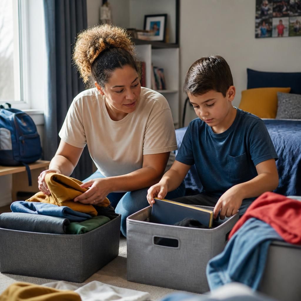 Adult and child organising a bedroom with storage boxes and personal belongings