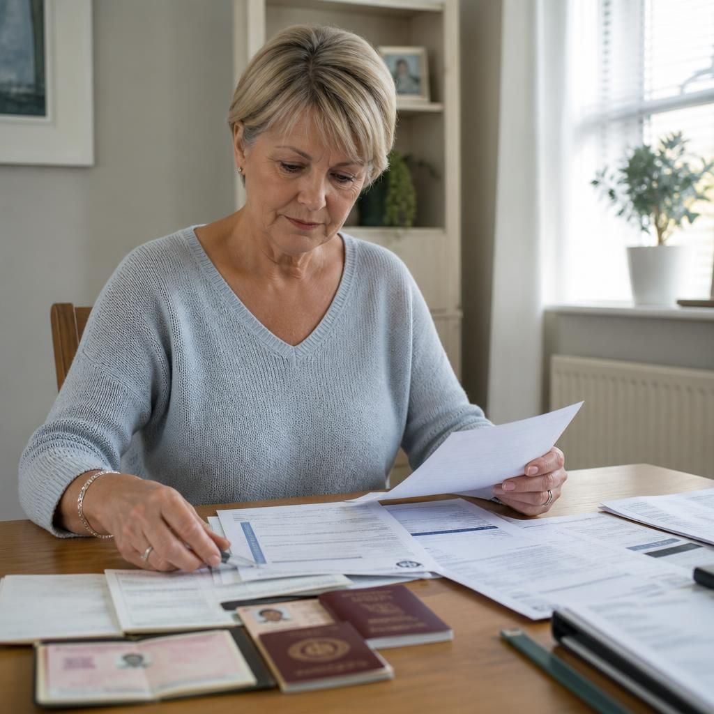 Person arranging identity and household documents on a table