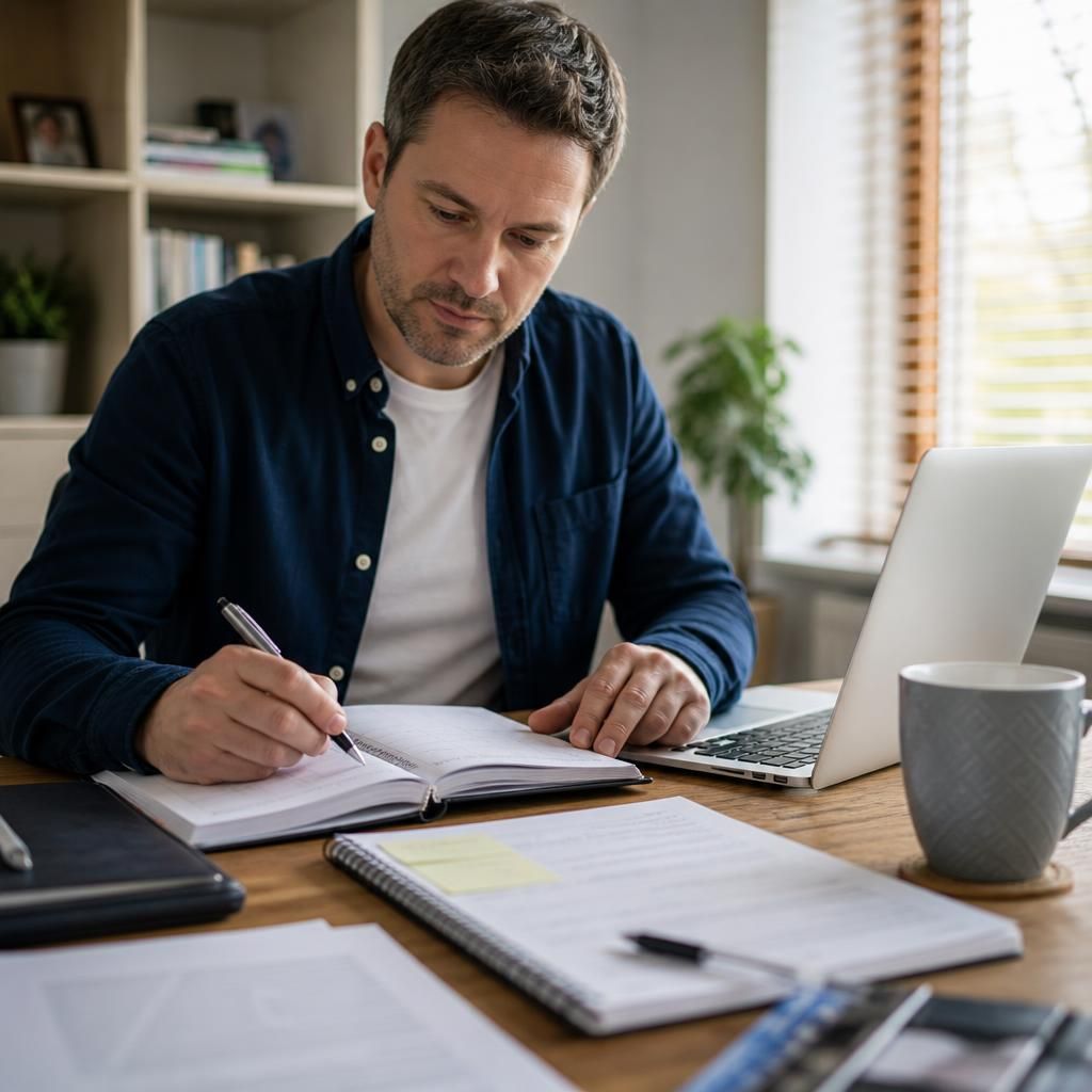 Self-employed person reviewing a business diary beside foster care notes
