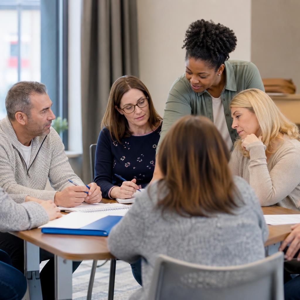 Foster carers taking part in a training course around a table