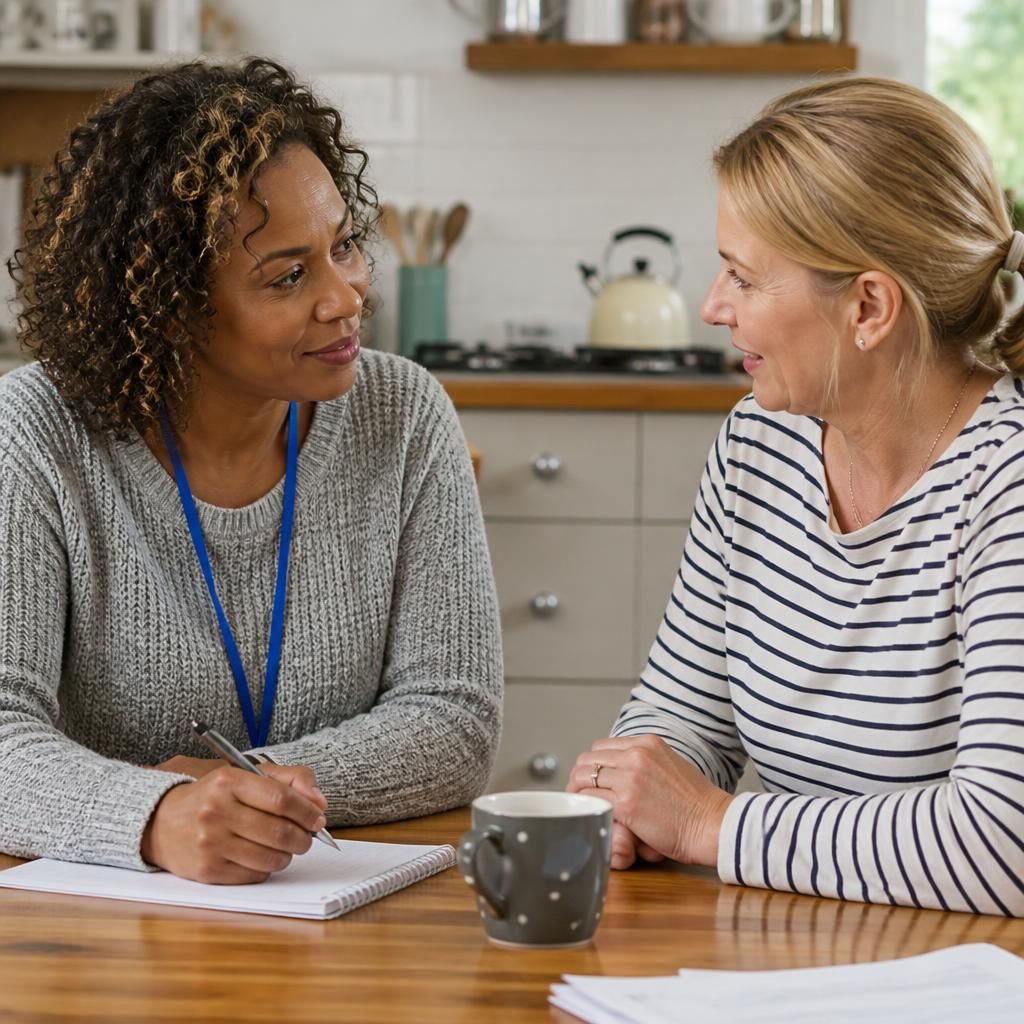 Foster carer and support worker discussing placement notes at a kitchen table