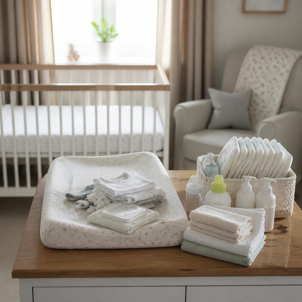 Cot, changing mat and neatly arranged baby care items in a nursery
