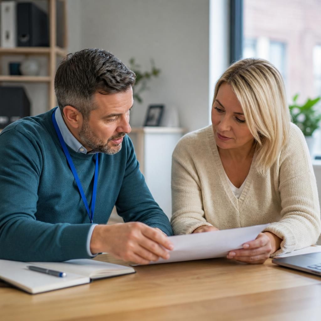 Foster carer reviewing registration documents with a fostering adviser