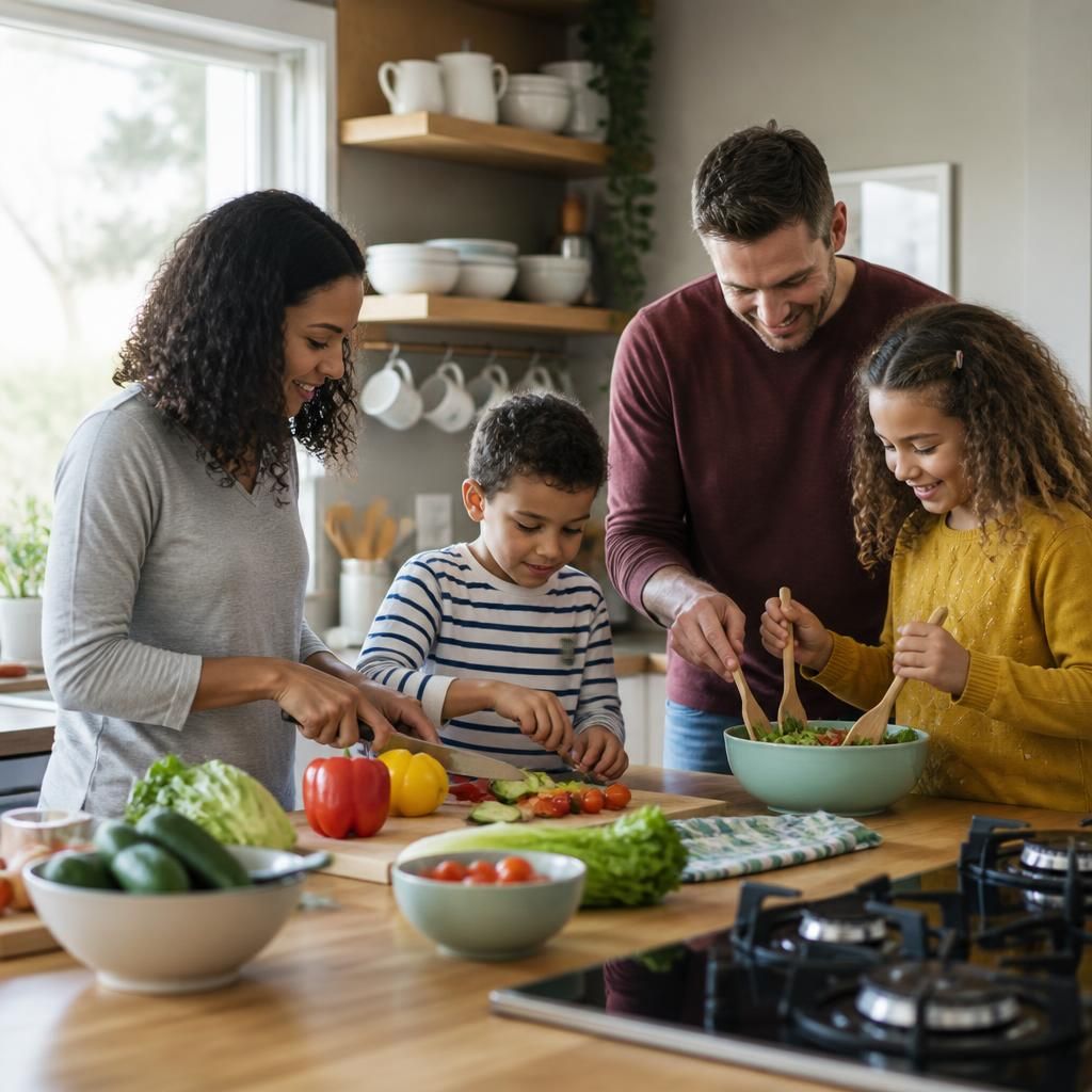 Family preparing a meal together in a home kitchen