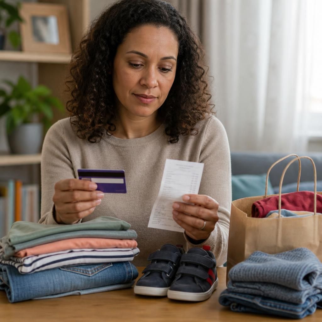 Foster carer holding a discount card beside children's clothing and a shopping receipt
