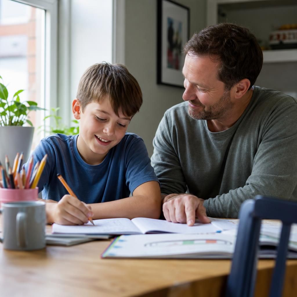 Foster carer and child completing an activity together at home