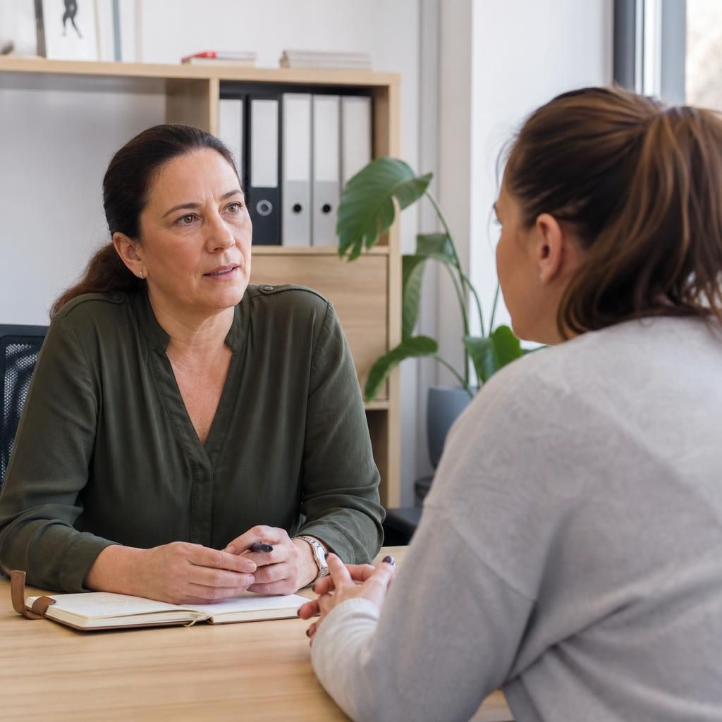 Foster carer speaking with a child’s birth parent during a planning meeting