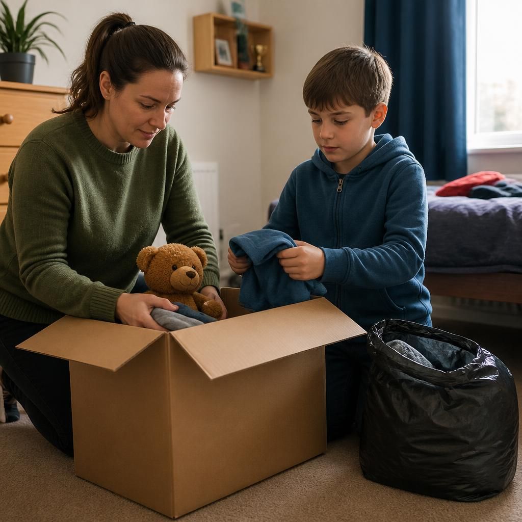 Foster carer and child packing belongings for a planned move