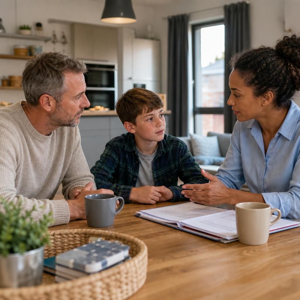 Parent, child and another adult discussing a temporary care arrangement
