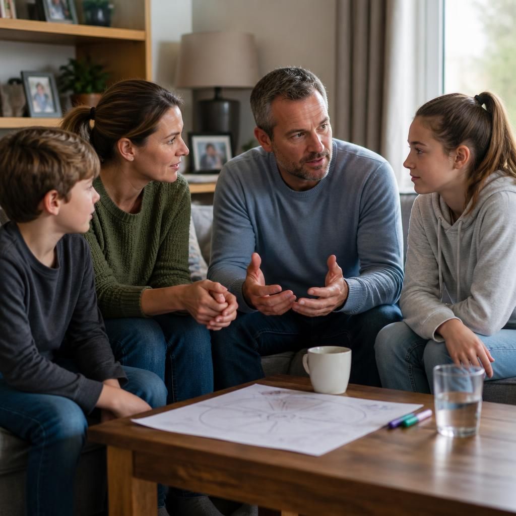 Parents and children discussing fostering together at home