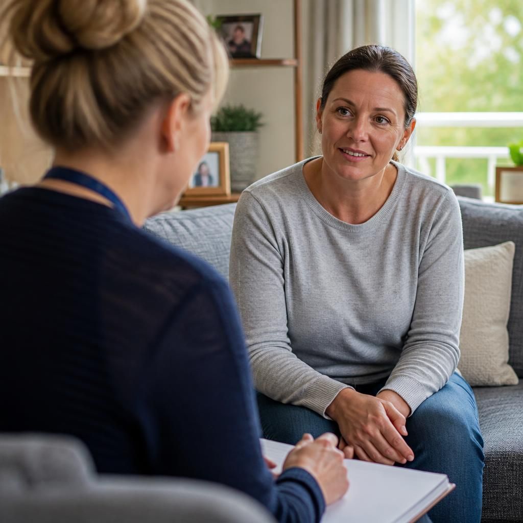 Foster carer speaking with an assessing social worker at home