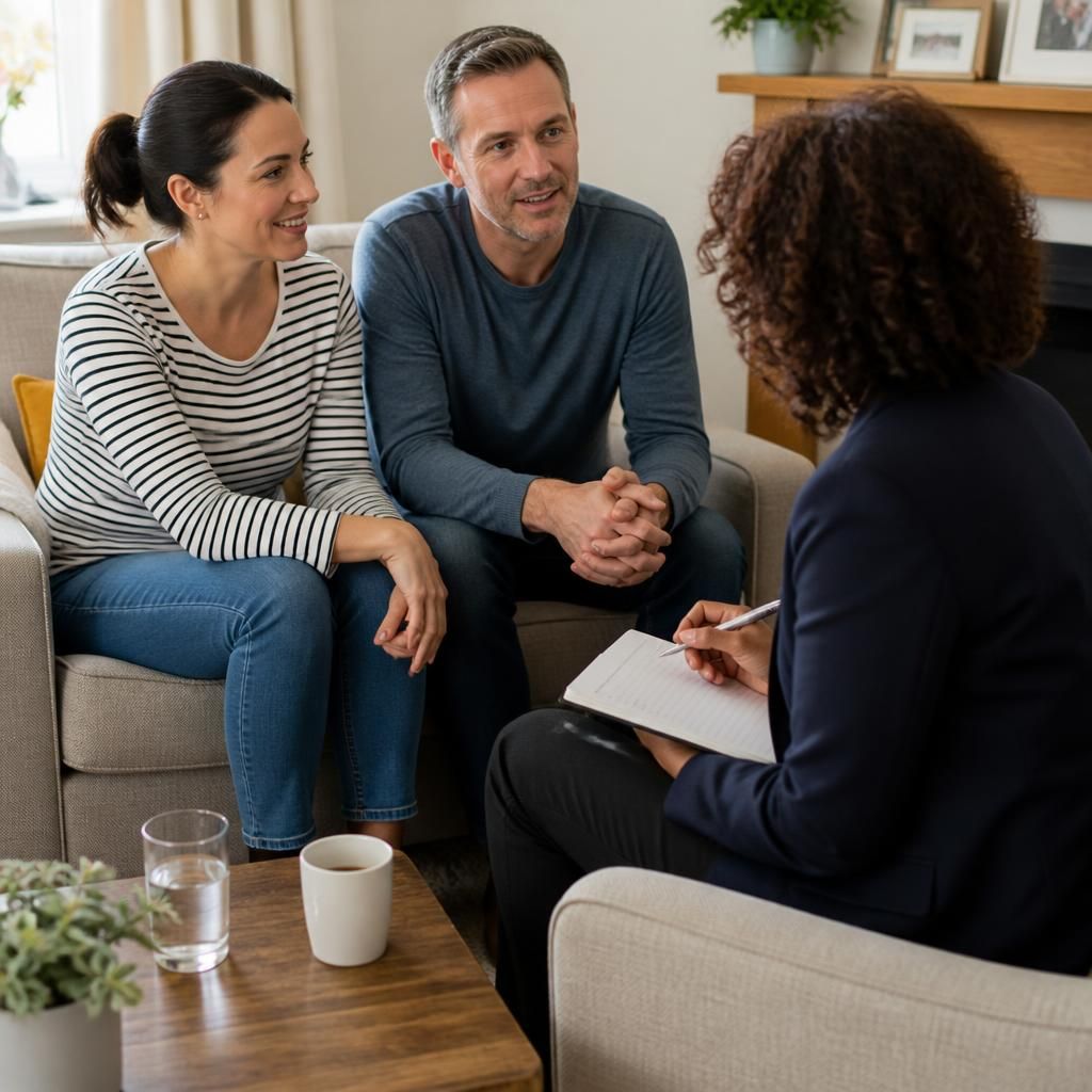 Assessing social worker speaking with prospective foster carers in their home