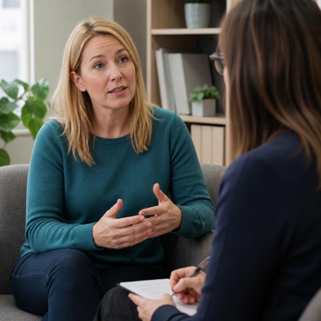 Foster parent speaking with a support professional during a discussion