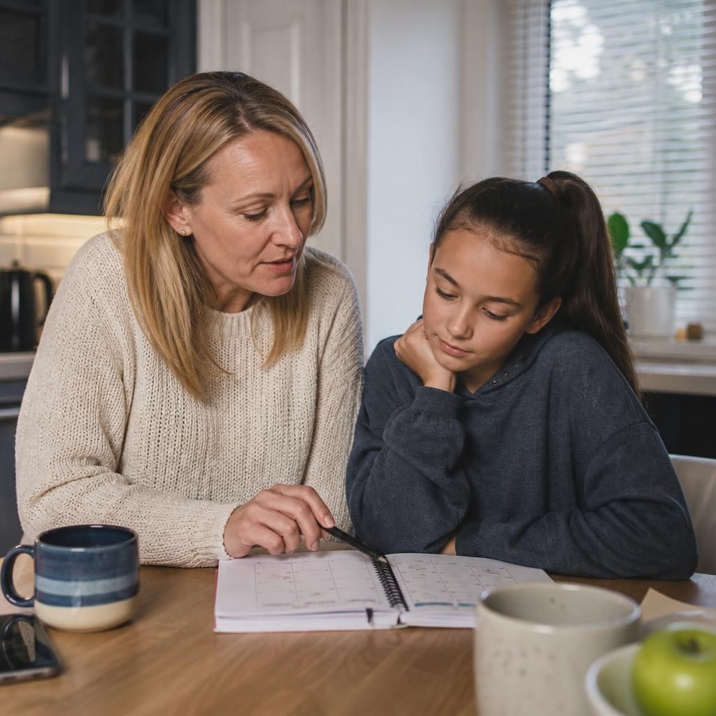 Foster carer and child reviewing a family contact schedule together