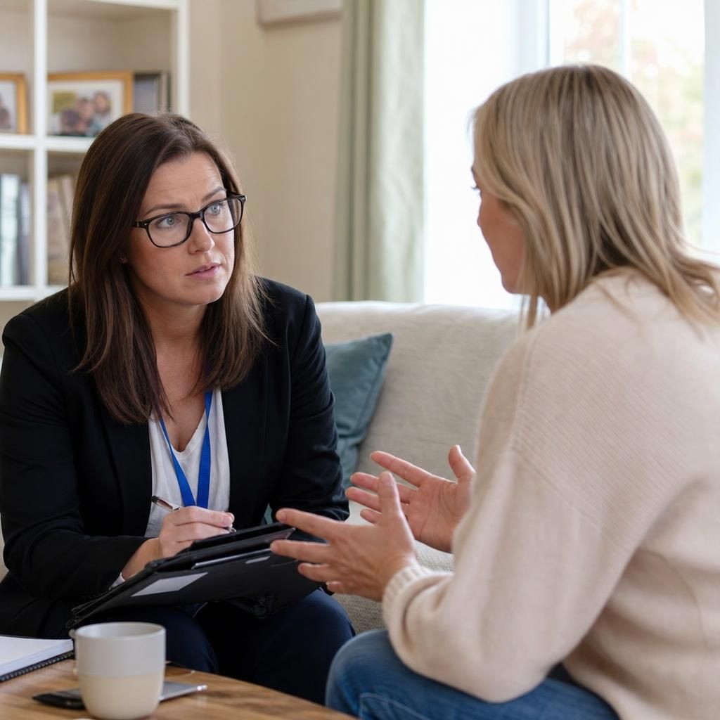 Foster carer and social worker discussing a child’s placement plan