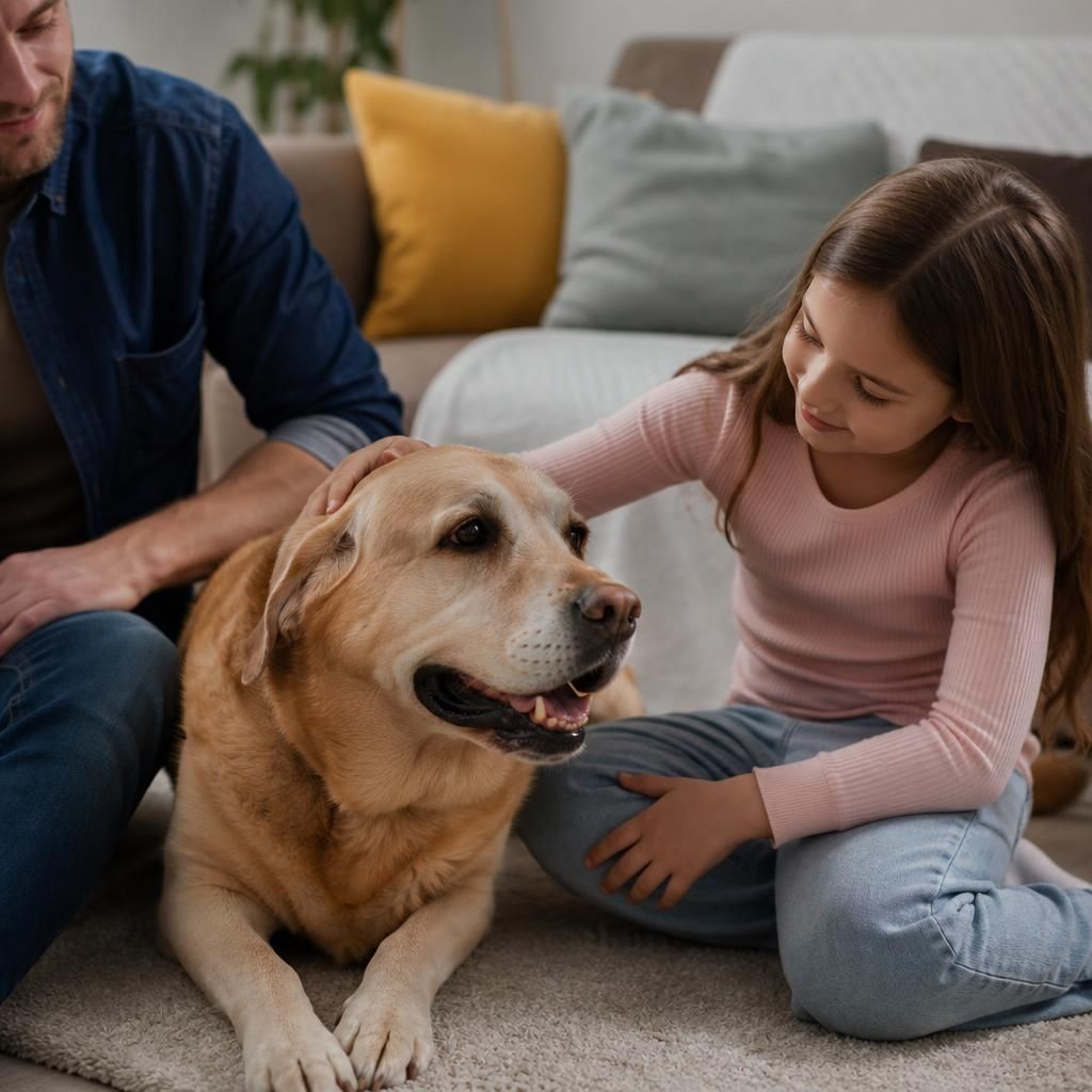 Child stroking a calm family dog beside a seated adult