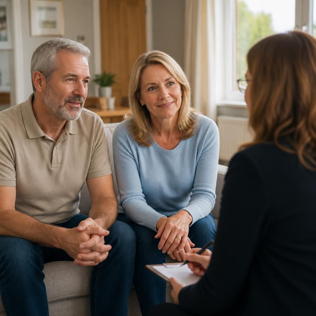 Mature couple speaking with a social worker in their home